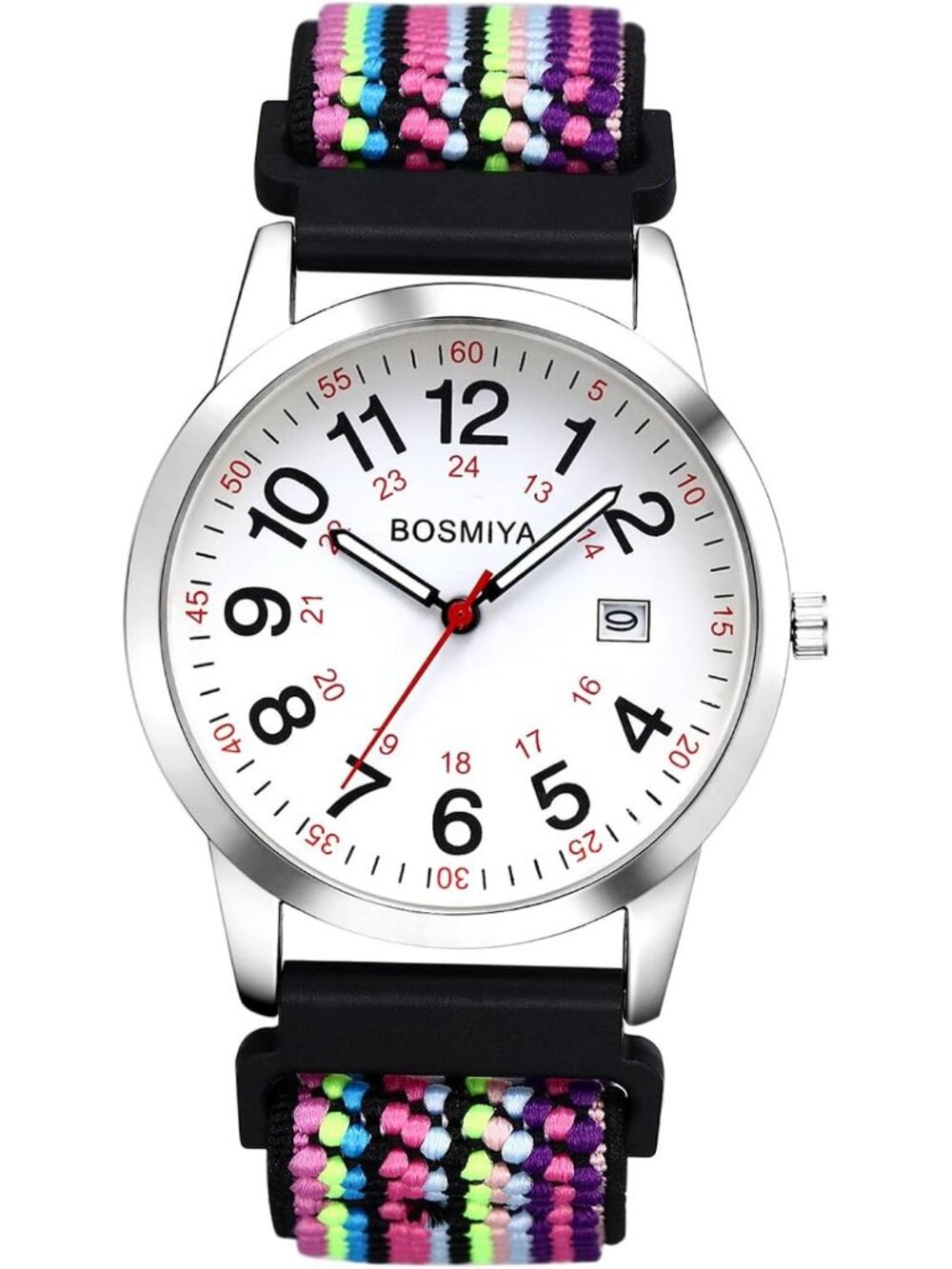 Women's White Purple Quartz Analog Nylon Strap Elastic Band Date Wrist Watch
